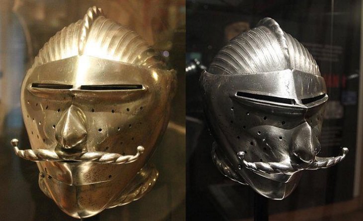 Beautiful artistic creations made by humankind and civilization over time, Helmets used during the Medieval Ages designed with mustaches