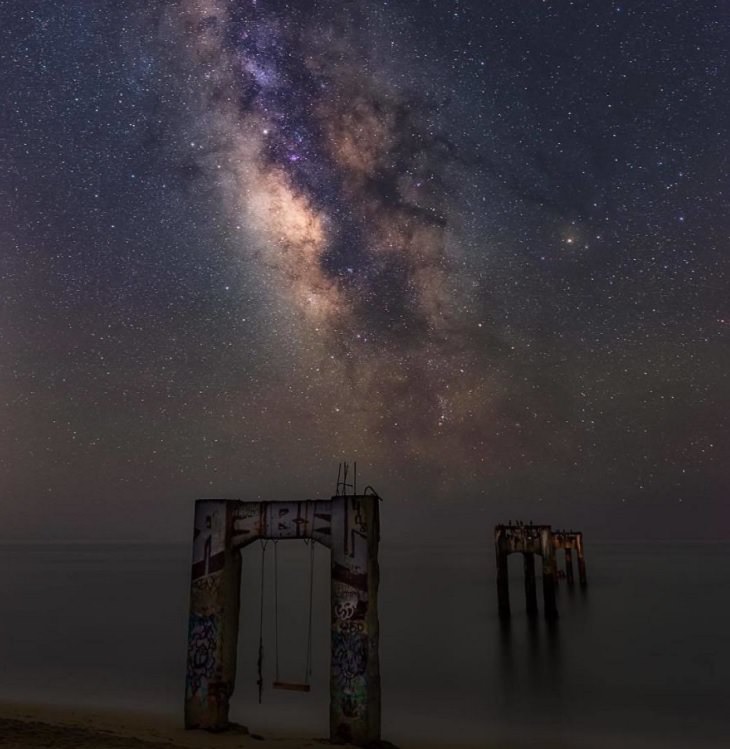 Astronomy photographs of the night sky and nightscapes by Marcin Zajac, The night lights up Davenport Pier, a platform built and used in the 1860s for transporting timber that has long since been abandoned