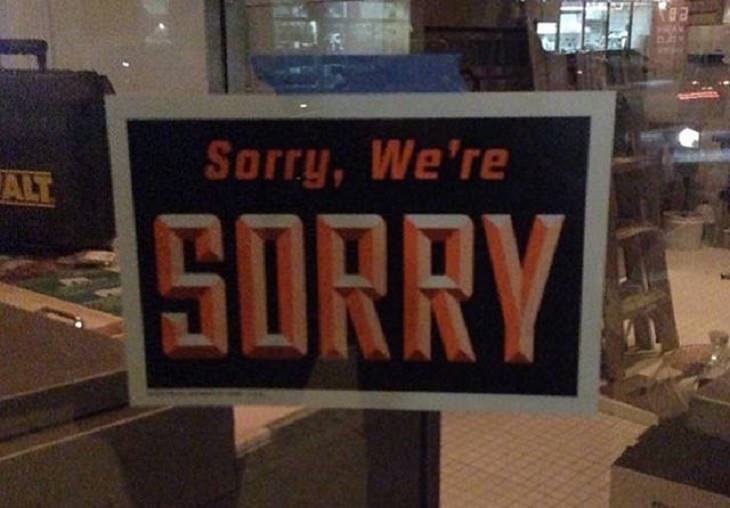 Hilarious pictures that could only be taken in Canada, sign saying “Sorry, We’re Sorry”