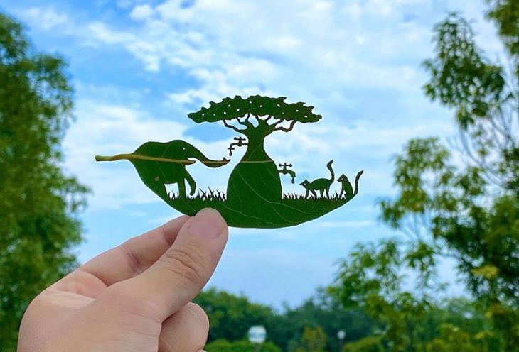 Lito Leaf Art, Japanese artist carves out detailed and intricate drawings of animals on leaves, Baobob Water Station