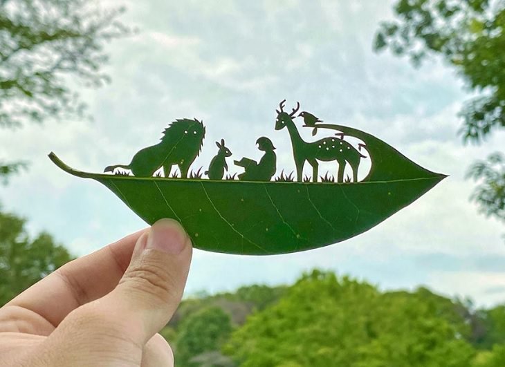 Lito Leaf Art, Japanese artist carves out detailed and intricate drawings of animals on leaves, The Librarian of the Forest