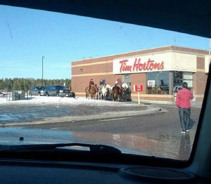 Hilarious pictures that could only be taken in Canada, people on horseback in front of restaurant