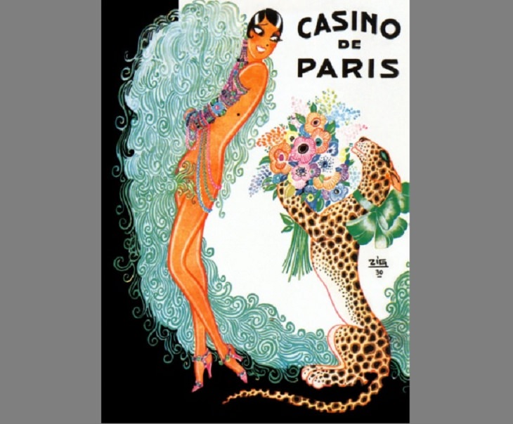 Josephine Baker: Siren of the Resistance, Illustrated poster for Casino De Paris with a cheetah offering flowers to Josephine Baker