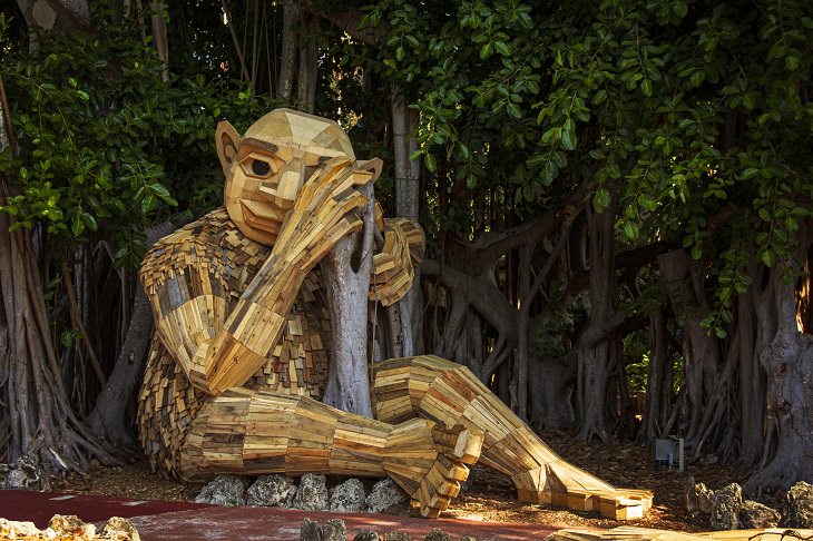 Beautiful, creative, fun and friendly troll sculptures made from recycled wood and garbage by artist Thomas Dambo found all over the world, Terje, in Pinecrest Gardens, Miami, USA