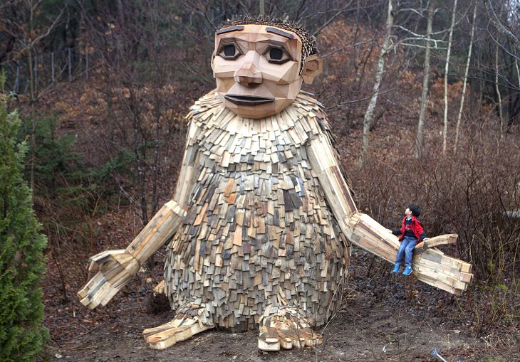 Beautiful, creative, fun and friendly troll sculptures made from recycled wood and garbage by artist Thomas Dambo found all over the world, Big Young, the Mountain Troll, in Pyunggang, South Korea
