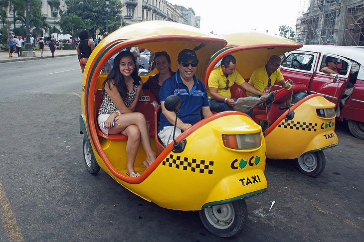 Bizarre, strange, unique and creatively designed taxi cabs found all around the world, Coco Taxi, Cuba, Rickshaw