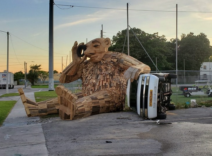 Beautiful, creative, fun and friendly troll sculptures made from recycled wood and garbage by artist Thomas Dambo found all over the world, Joen and the Giant Beetle, in Wynwood Walls, Miami, USA