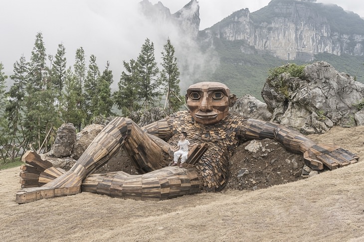 Beautiful, creative, fun and friendly troll sculptures made from recycled wood and garbage by artist Thomas Dambo found all over the world, Kjeld, in Wulong, China