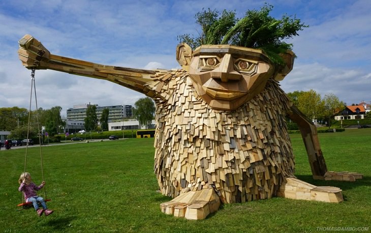 Beautiful, creative, fun and friendly troll sculptures made from recycled wood and garbage by artist Thomas Dambo found all over the world, Troels the Troll, in Horsen, Denmark