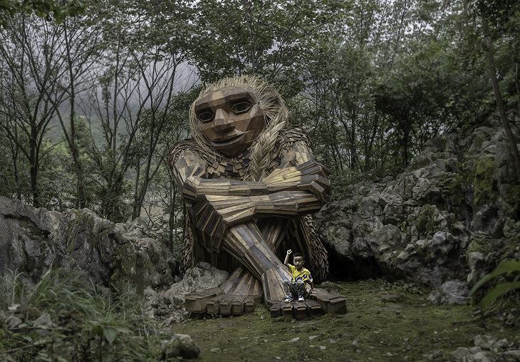 Beautiful, creative, fun and friendly troll sculptures made from recycled wood and garbage by artist Thomas Dambo found all over the world, Marit, in Wulong, China