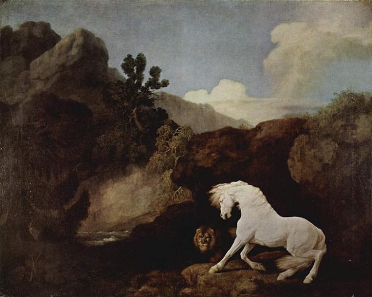 Best horse-inspired paintings by English artist George Stubbs who influenced 18th century romanticism, A Horse Frightened by a Lion, 1770