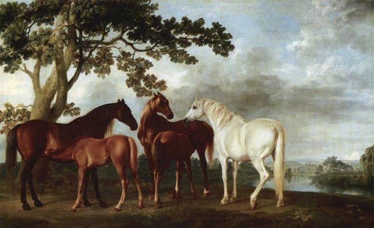 Best horse-inspired paintings by English artist George Stubbs who influenced 18th century romanticism, Mares and Foals in a River Landscape, 1763-1768