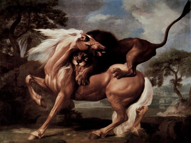 Best horse-inspired paintings by English artist George Stubbs who influenced 18th century romanticism, Horse Attacked By a Lion, 1762