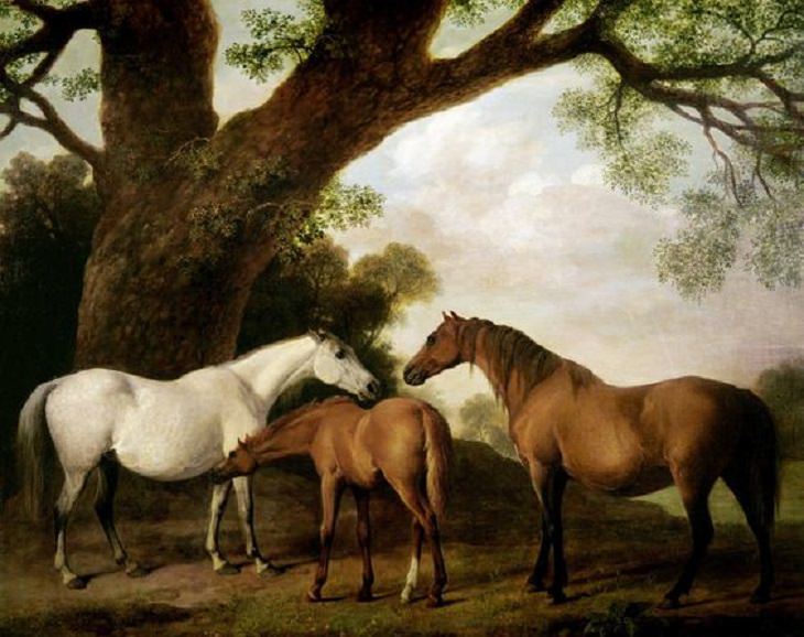 Best horse-inspired paintings by English artist George Stubbs who influenced 18th century romanticism, Two Shafto Mares and a Foal, 1774