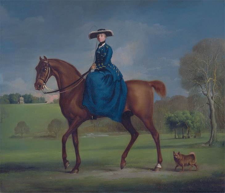Best horse-inspired paintings by English artist George Stubbs who influenced 18th century romanticism, The Countess of Coningsby in the Costume of the Charlton Hunt, 1760