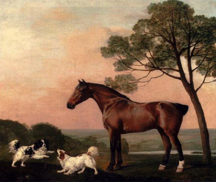 Best horse-inspired paintings by English artist George Stubbs who influenced 18th century romanticism, A Bay Hunter With Two Spaniels, 1777