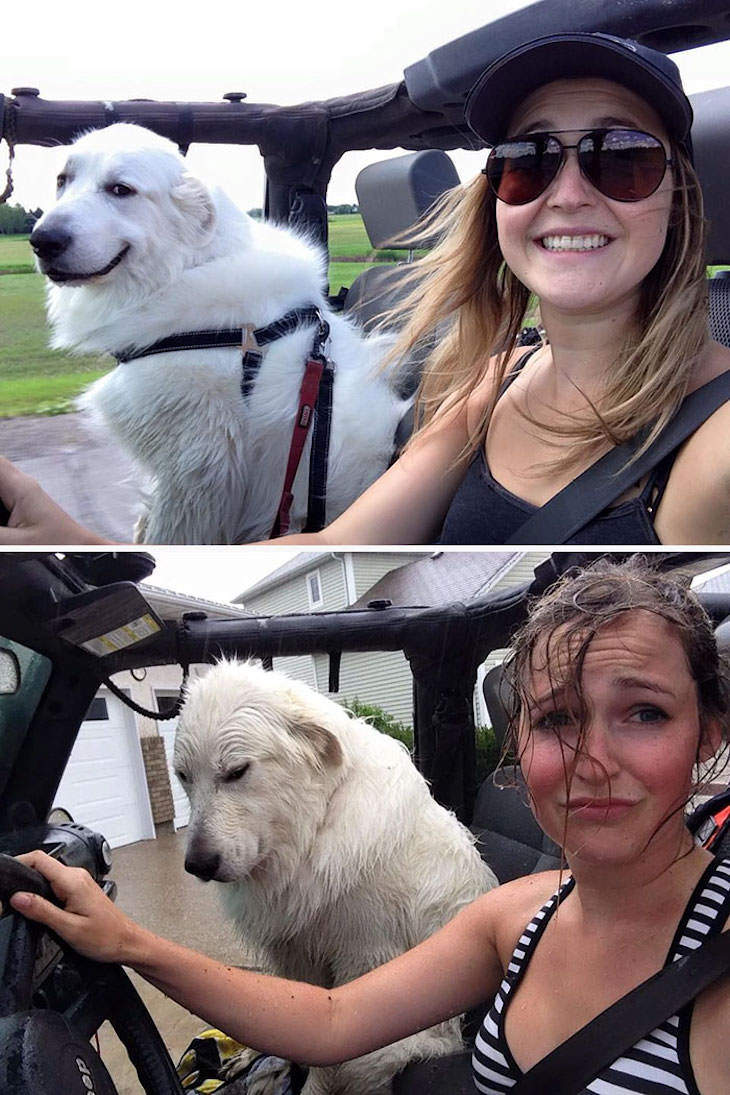 17 Times Extreme Weather  Ruined People’s Day girl and dog in the rain
