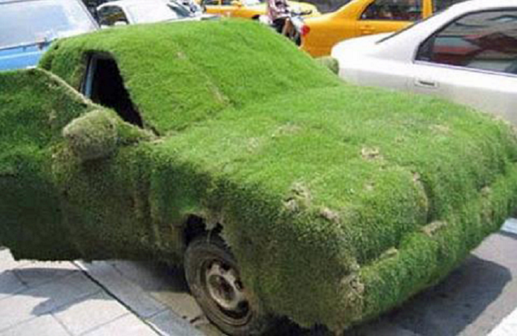 car wrapped in grass