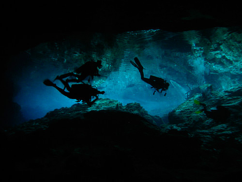 Cavern diving in the chac mool cenote 