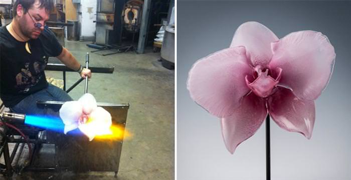 two images one of Jason Gamrath making glass art and one of a glass flower up close