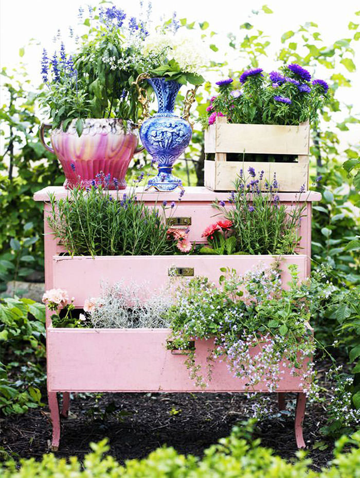 Recycled Furniture pink wooden drawers filled with flowers in a garden