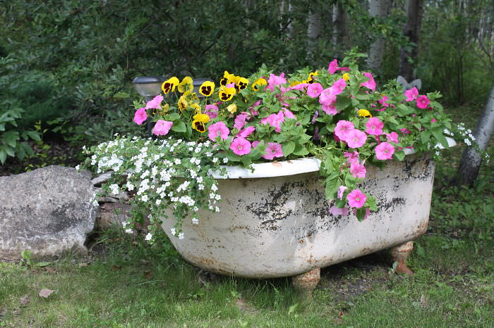 Recycled Furniture bathtub full of flowers in a garden