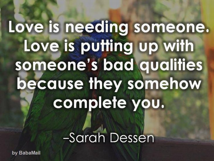 Love is needling someone. Love is putting up with someone's bad qualities because they somehow complete you.
