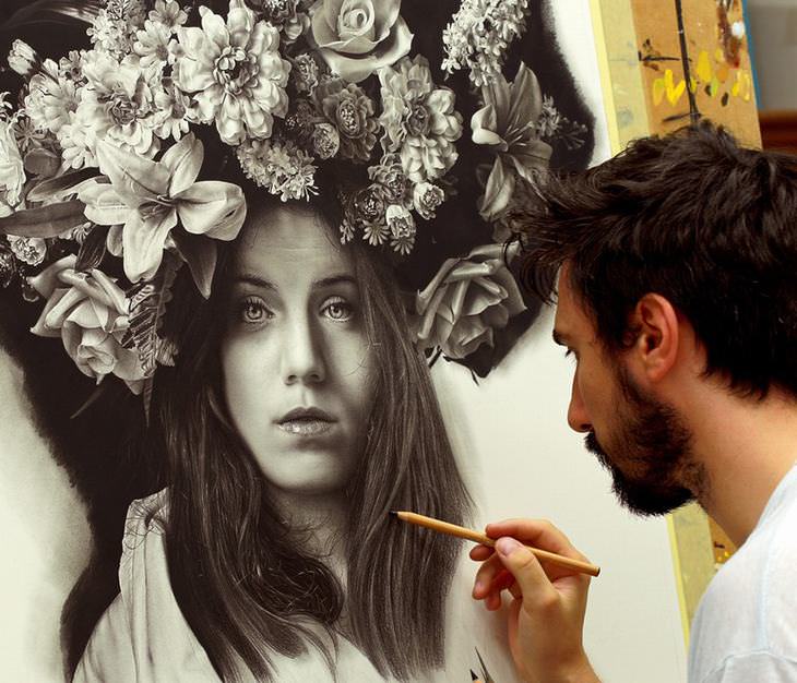 drawing picture, woman, flowers in hair.