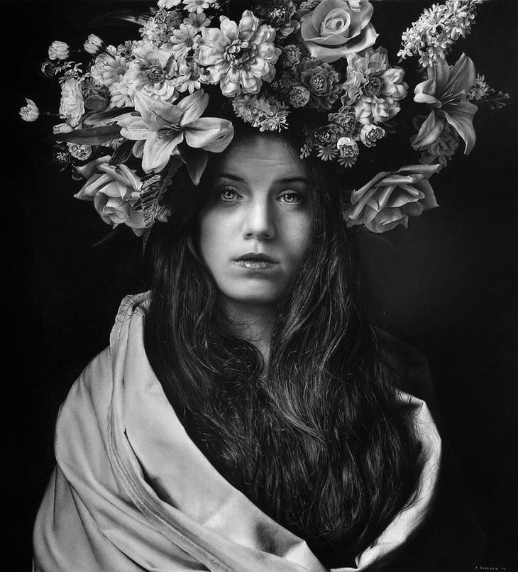 woman, drawing, flowers in hair,