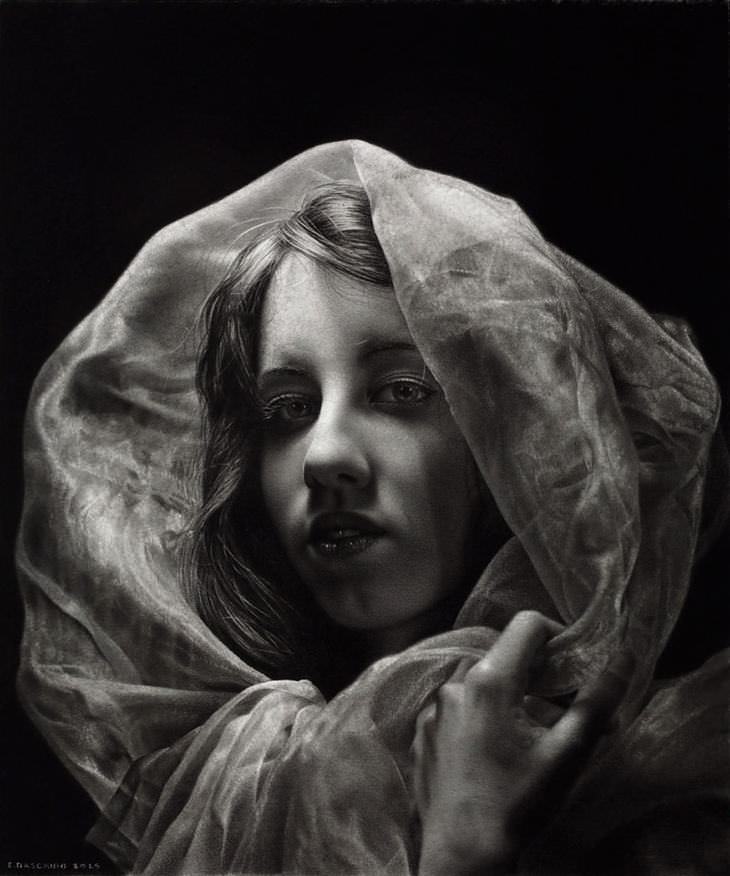 woman, veil, scarf, drawing