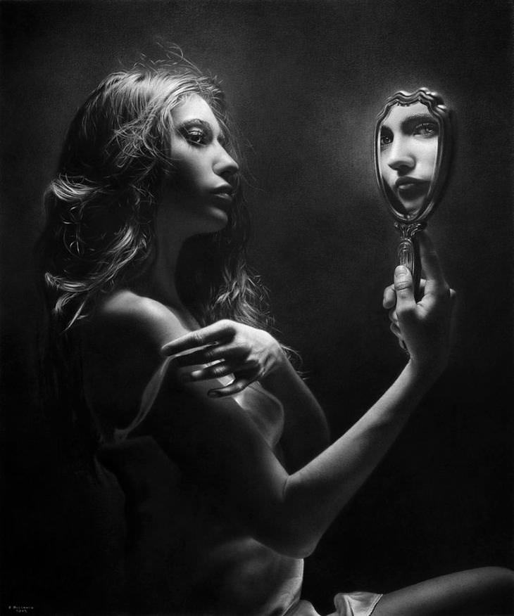 woman, mirror, drawing, amazing, life-like