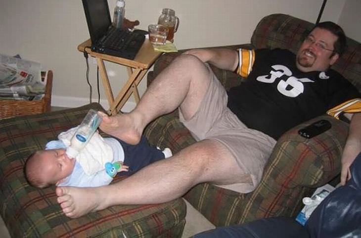 bad dad, lazy, beer, feeding, foot