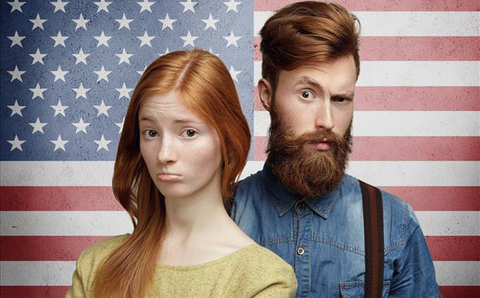 unhappy young people in front of USA flag
