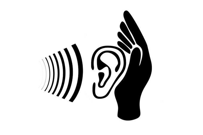 Illustration of an open hand with an ear and sound waves