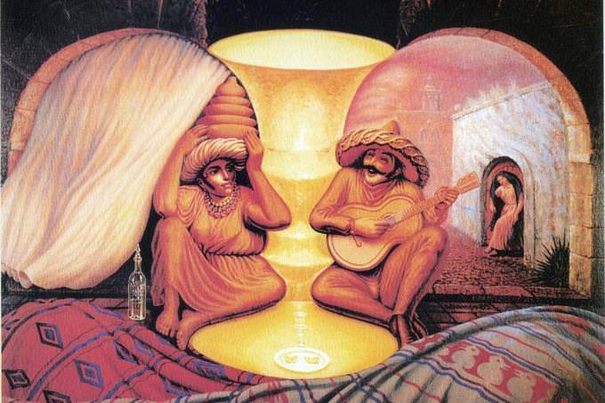 An optical illusion in which two elderly people look at each other with other elements around them