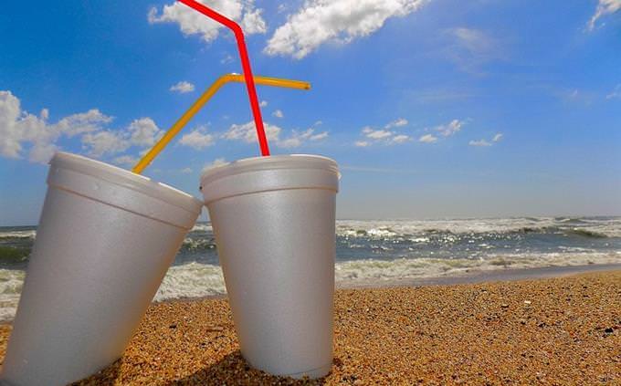 two Styrofoam cups on a beach