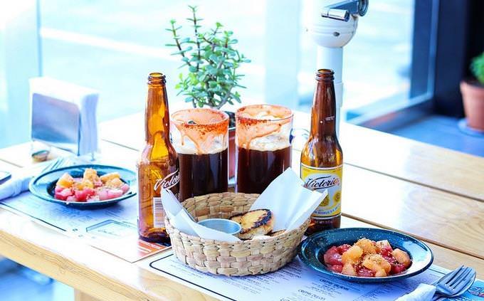 A table with food and drinks