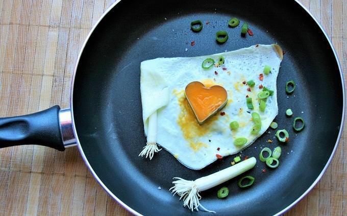 Fried egg in a pan with a heart shaped cutter on it