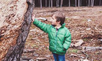 Kid leaning on tree