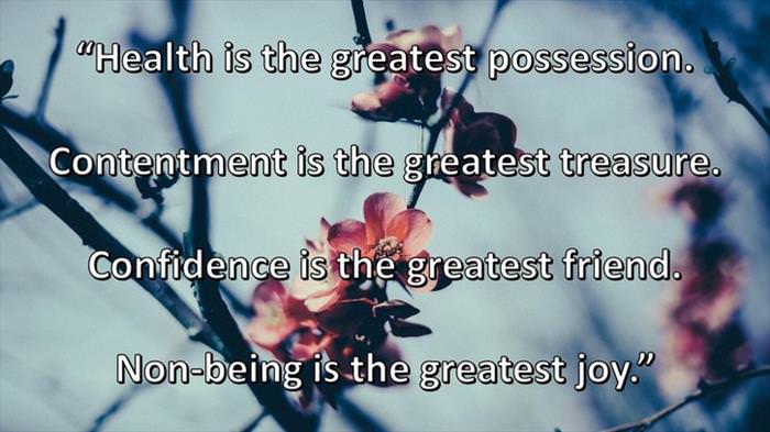 Lao-Tzu - Health is the greatest possession. Contentment is the greatest treasure. Confidence is the greatest friend. Non-being is the greatest joy.