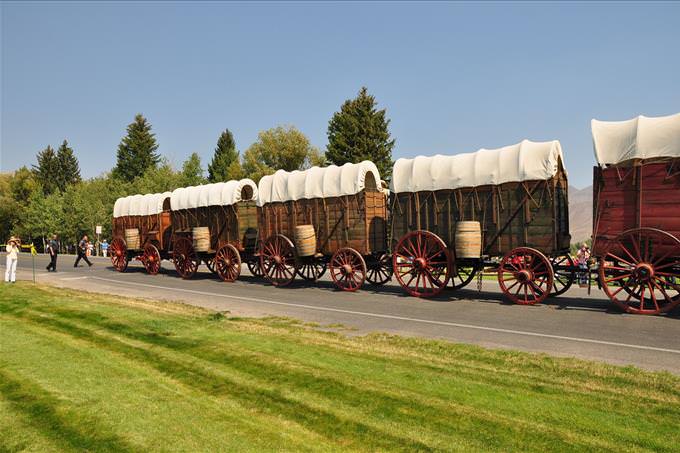 wagons parked on road