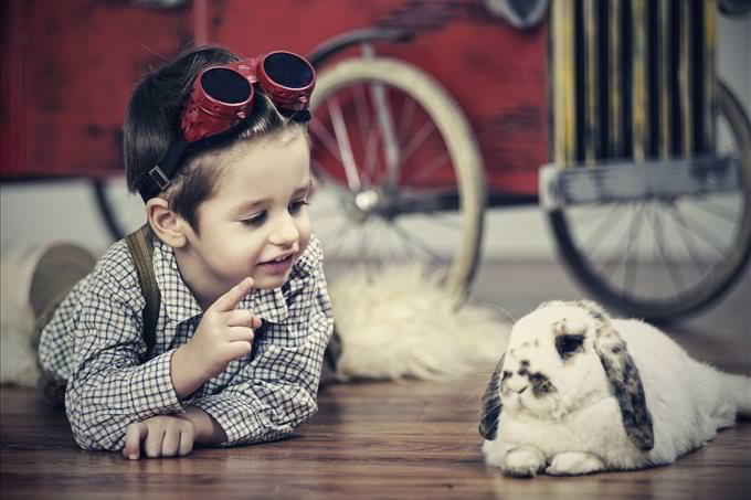 young boy with pet rabbit