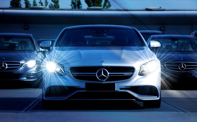 Mercedes with headlights on