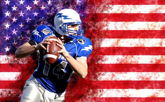 football quarterback in front of US flag