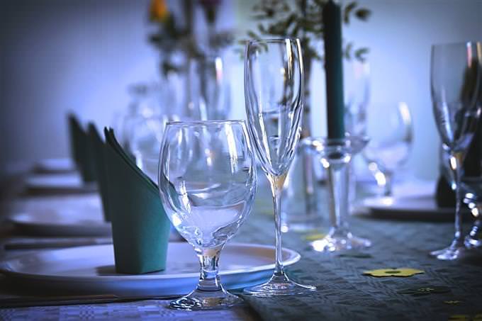 A table set with champagne glasses