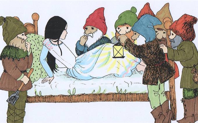 An illustration of Snow White lying in bed surrounded by dwarfs