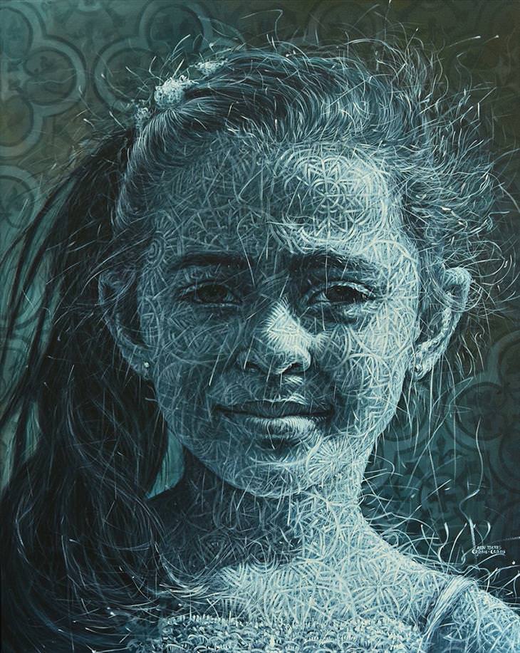 Obras de arte con efecto de Tejido de Alexi Torres rostro de una niña