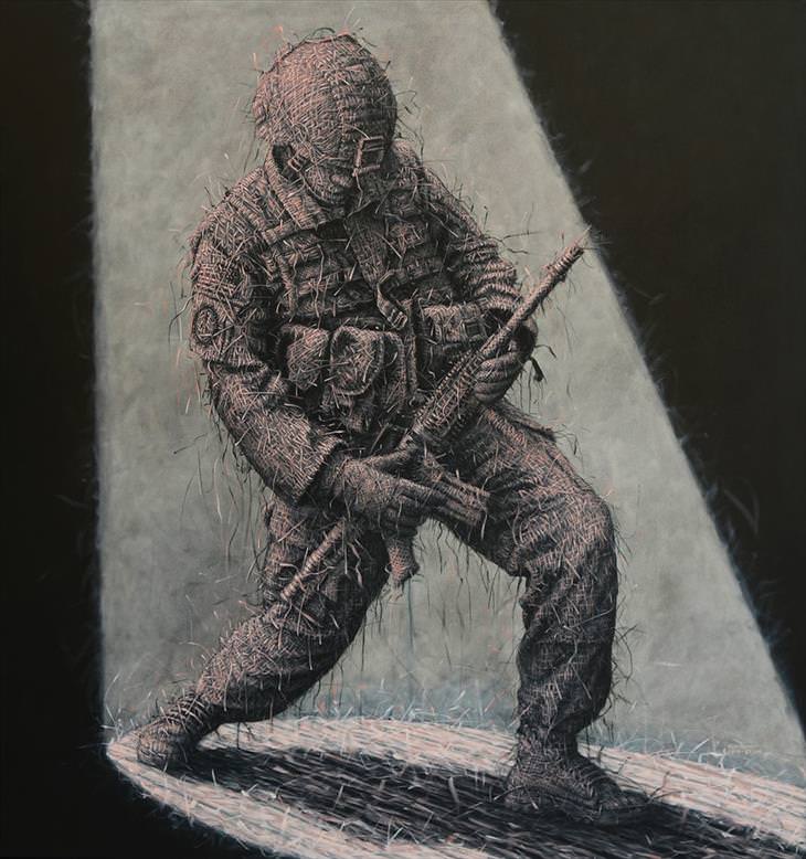 Obras de arte con efecto de Tejido de Alexi Torres soldado con metralleta 