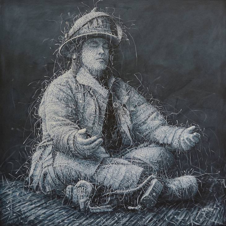 Obras de arte con efecto de Tejido de Alexi Torres bombero meditando