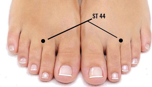Acupressure for toothache: ST 44 foot pressure point